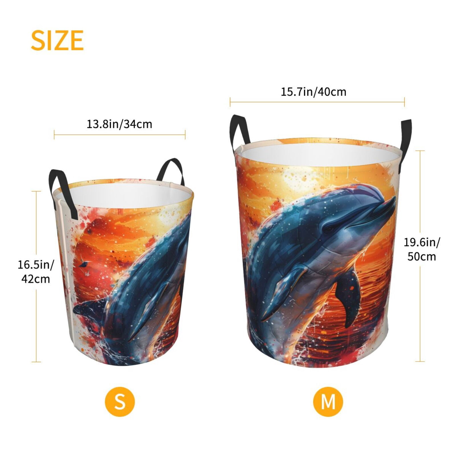 Large Laundry Basket with Handles - Sunset Ocean Watercolor Dolphin Kids Baby Dirty Clothes Laundry Hamper for Bedroom Aesthetic