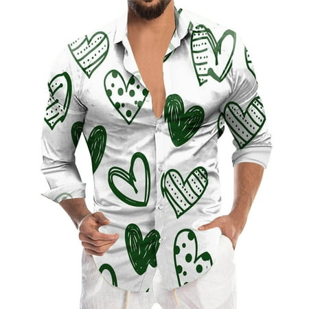 ZHOUCHANKIDS Men s Valentine s Day Novelty 3D Printed Casual Button Down Lapel Long Sleeve Shirt Top for Him Green L