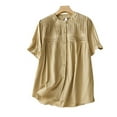thumbnail image 2 of Lovskoo Cotton Linen Summer Tops for Women 2024 Round Neck Short Sleeve Solid Color Trendy Pleated Button Up Shirt Top Shirt Khaki, 2 of 7