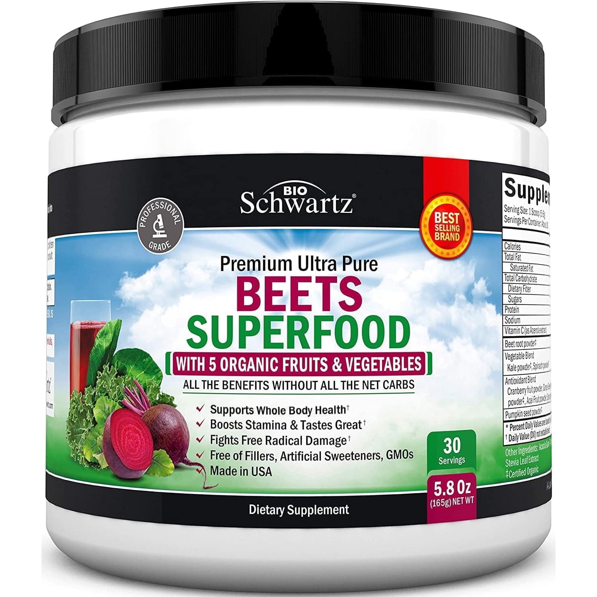 BioSchwartz Beets Supplement, Beet Root Powder Superfoods with Vitamin C, 30 Servings, 6 oz