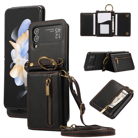 Decase Compatible with Samsung Galaxy Z Flip 4 Case with Card Holder and Strap for Women,Crossbody Lanyard,Stand Ring Kickstand,Snap Clasp,Phone Wallet Case,Black