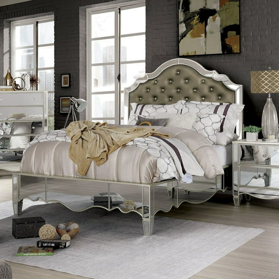Silver Finish Chic Formal Solid wood Bedframe Cal King Size Bed Leatherette Tufted Headboard Unique Design FB 1pc Bedroom Set
