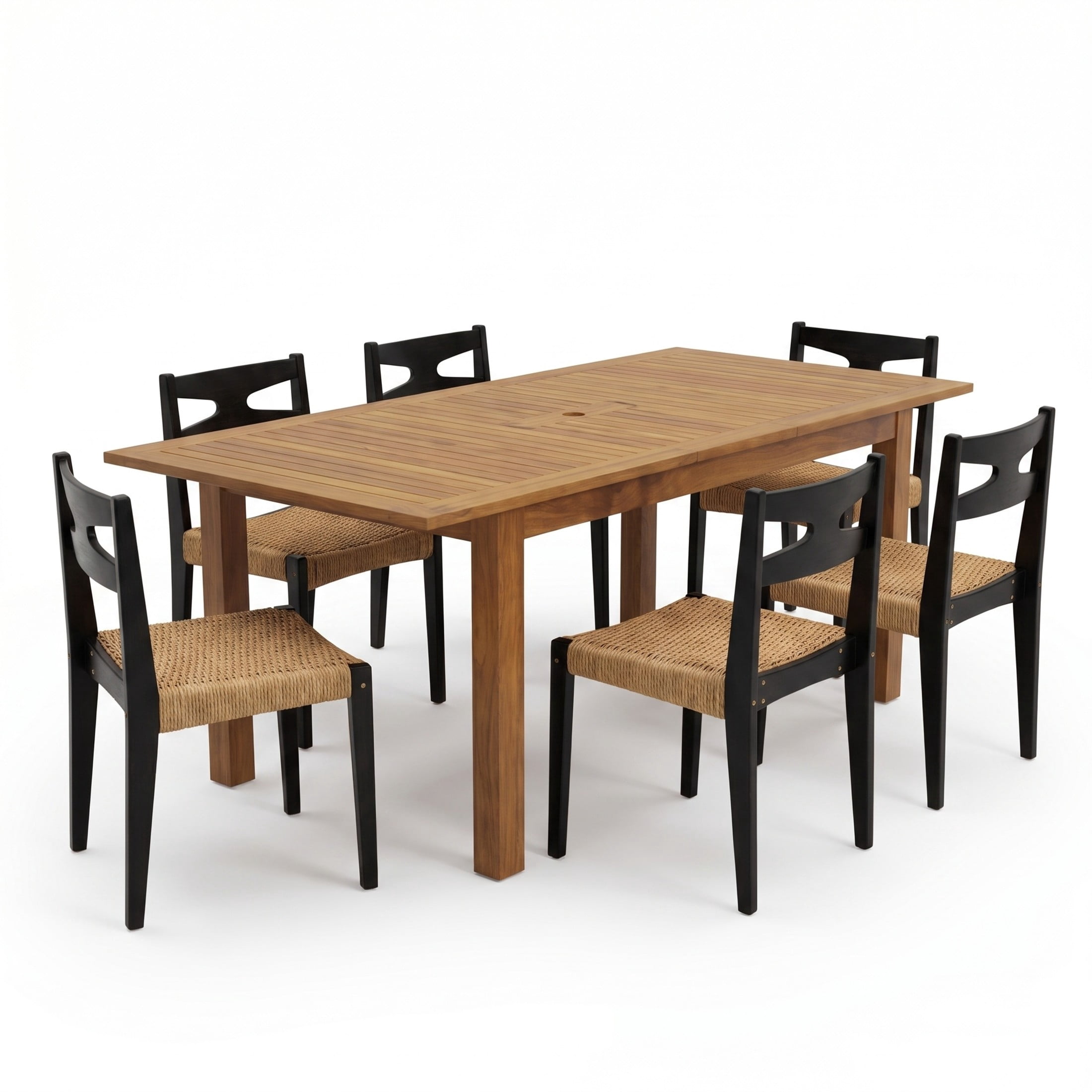 Christopher Knight Home 7-Piece Expandable Wood Outdoor Dining Table with Wicker Chairs Set, Natural+Black