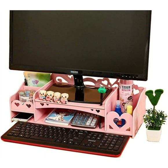 YUMUO Wooden Monitor Stand Riser Screen Riser Monitor Riser Screen Stand Desk Attachment Screen Enhancement Desktop Organizer Display mounting Rack for iMac Monitor Laptop HX1026 -Pink