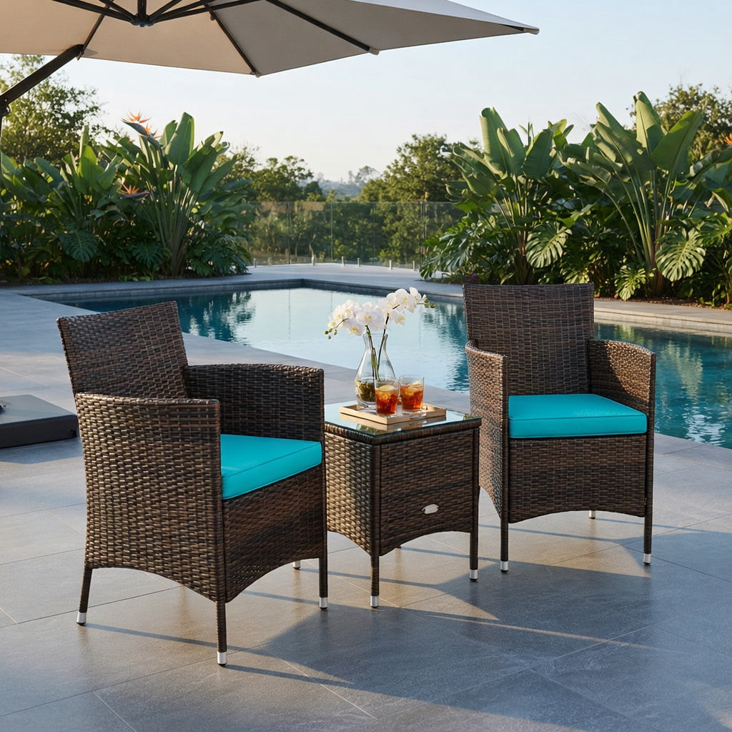 Hommoo 3-Piece Outdoor Wicker Patio Furniture Set with Cushions, PE Rattan Chairs & Tempered Glass Coffee Table for Backyard, Poolside, or Garden, Turquoise