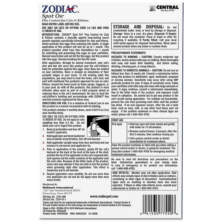 Wellmark International ZODIAC® SPOT ON® PLUS FLEA & TICK CONTROL FOR CATS & KITTENS Wellmark International ZODIAC® SPOT ON® PLUS FLEA & TICK CONTROL FOR CATS & KITTENS