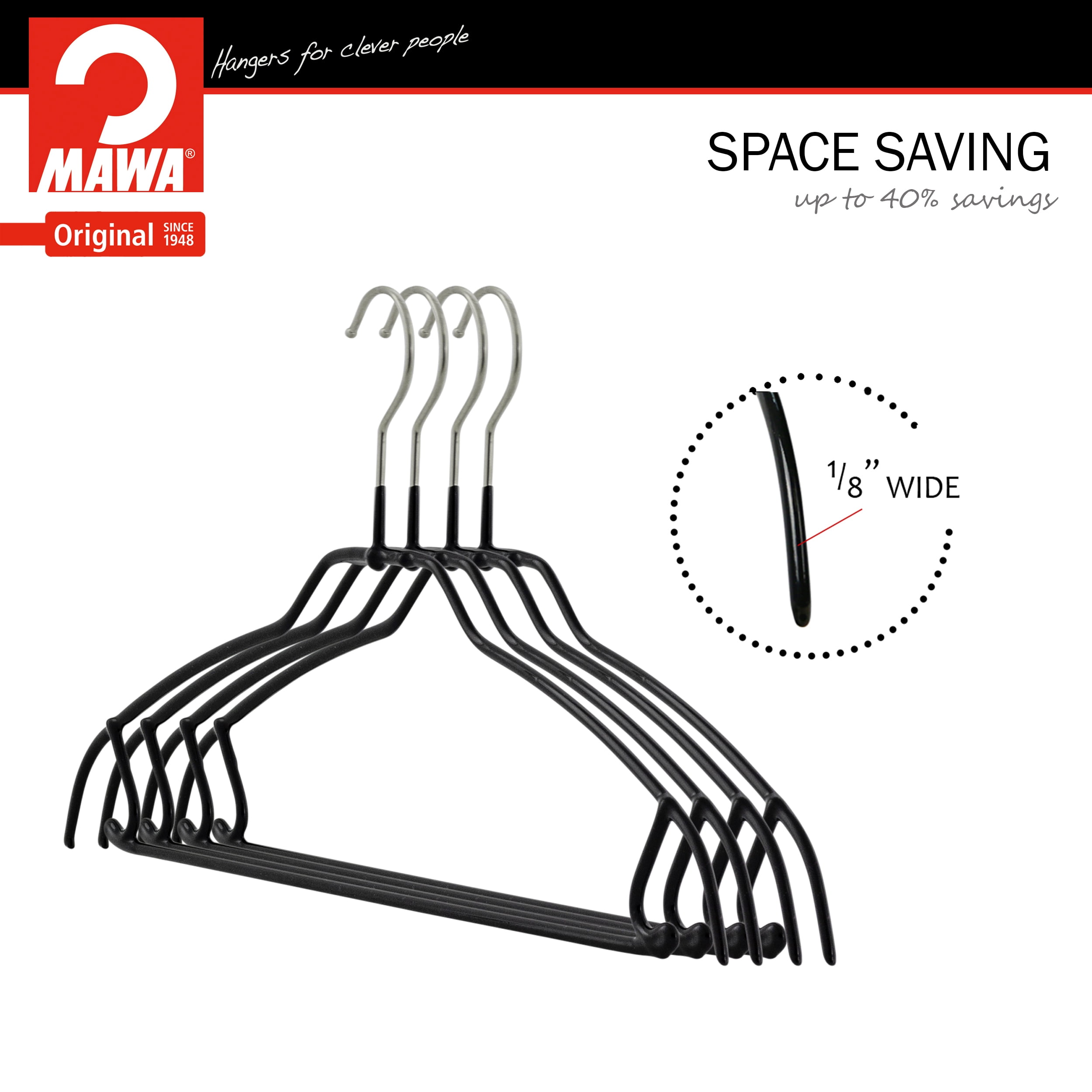Mawa by Reston Lloyd Ultra Thin Silhouette Series Non-Slip Space Saving Hanger with Pant Bar/Skirt Hook, Style 42/FTU, Set of 10, Black
