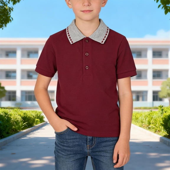 Piuwrlz Red polo Shirt Boys School Uniform T-Shirt Lapel Collar Button Shirt School Uniform T Shirt Red Size 14-15 Years