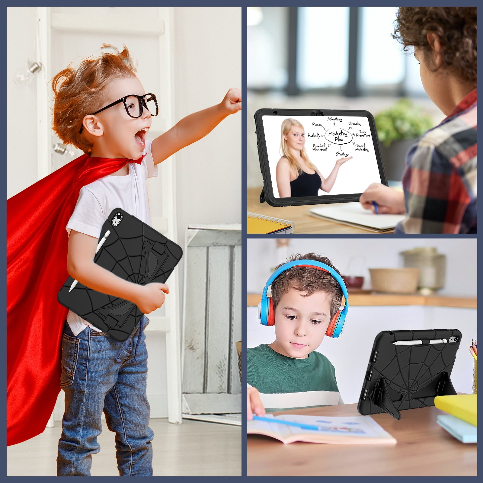 Kids Cases for iPad 10th Generation 2022,TECH CIRCLE Heavy Duty Shockproof Rugged Full Body Protective Sturdy Kickstands iPad 10.9 inch case with Pencil Holder for Kids Children Boys,Black