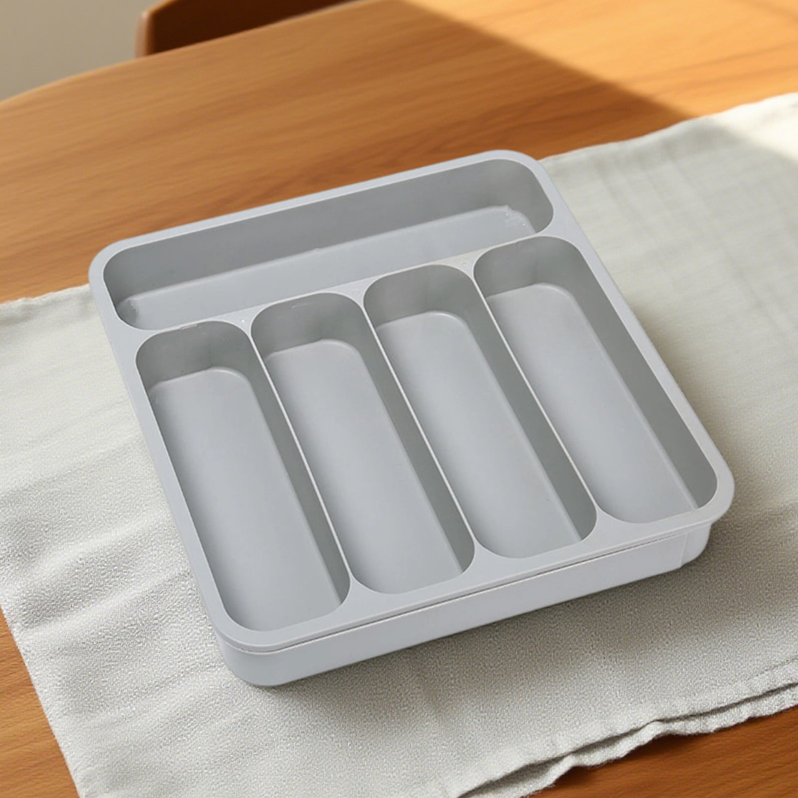 Kitchen Drawer Organizer Expandable Five Compartment Utensil Tray | Cutlery Storage Box for Knives Forks Spoons Chopsticks | Plastic | Black Gray Beige | 13.5x12.8in