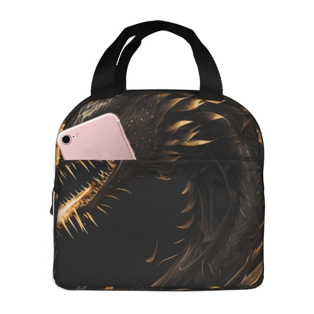 Balery Black And Gold Fire Dragon Bolsa de Almuerzo Aislada – Caja de Almuerzo con Papel de Aluminio Grueso, Mantiene la Comida Fresca por 4 Horas