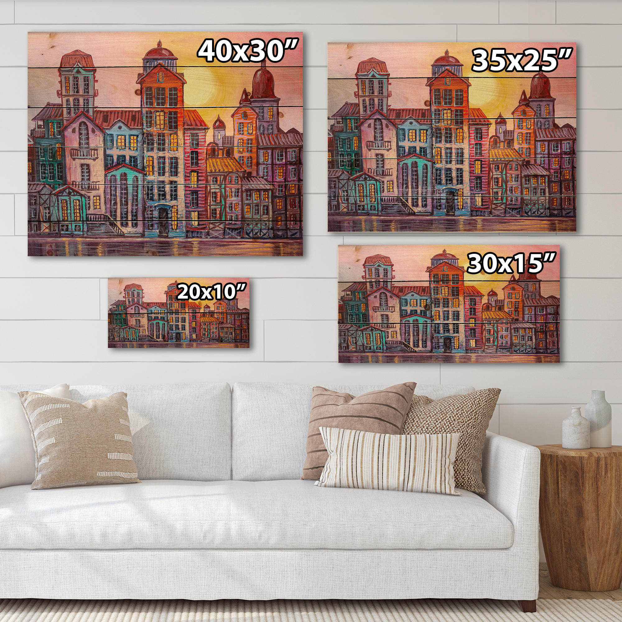 Designart 'Afternoon Street Scene In Old Town With Colorful Buildings' Mid-Century Modern Print on Natural Pine Wood