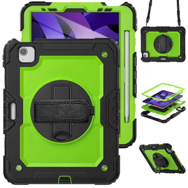 Case for iPad Air 5th Generation / iPad Air 4th Generation 10.9 inch with Screen Protector, 360 Degree Rotating Kickstand Hand Strap Shockproof Cover with Shoulder Strap, Lime PC
