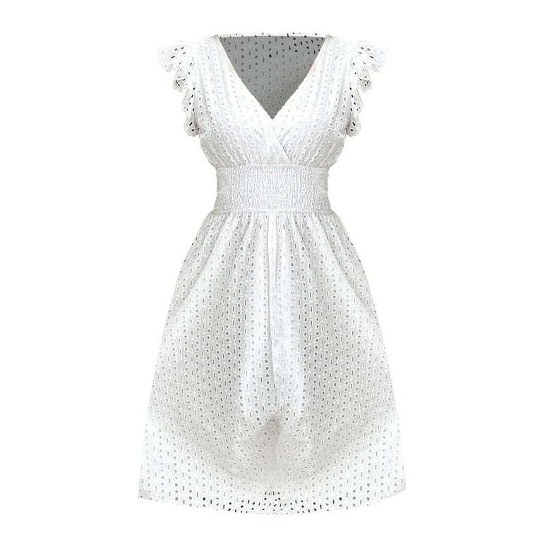 Jzuxvd Women's 2024 Eyelet Lace Embroidery Smocked Waist Party Dress Sexy  Flutter Sleeve A Line Midi Long Sun Dress White XL