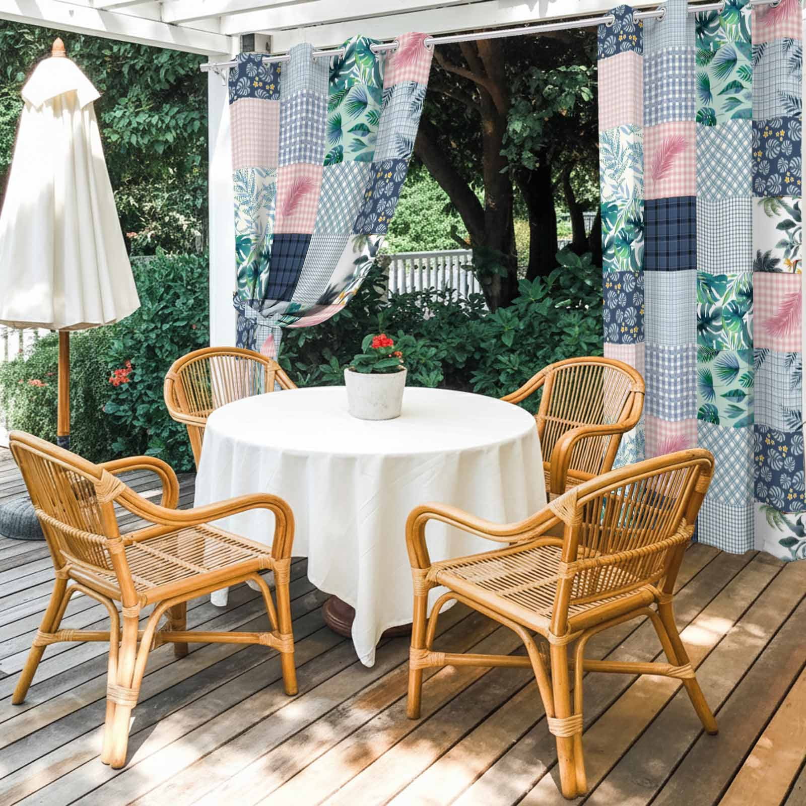 Botanical Patchwork Outdoor Curtains for Patio, Teal Tropical Leaf Grey Plaid Sunshade Privacy Drapes Grommet Waterproof Outside Curtains for Porch/Cabana/Balcony 54"x 95", 2 Panel