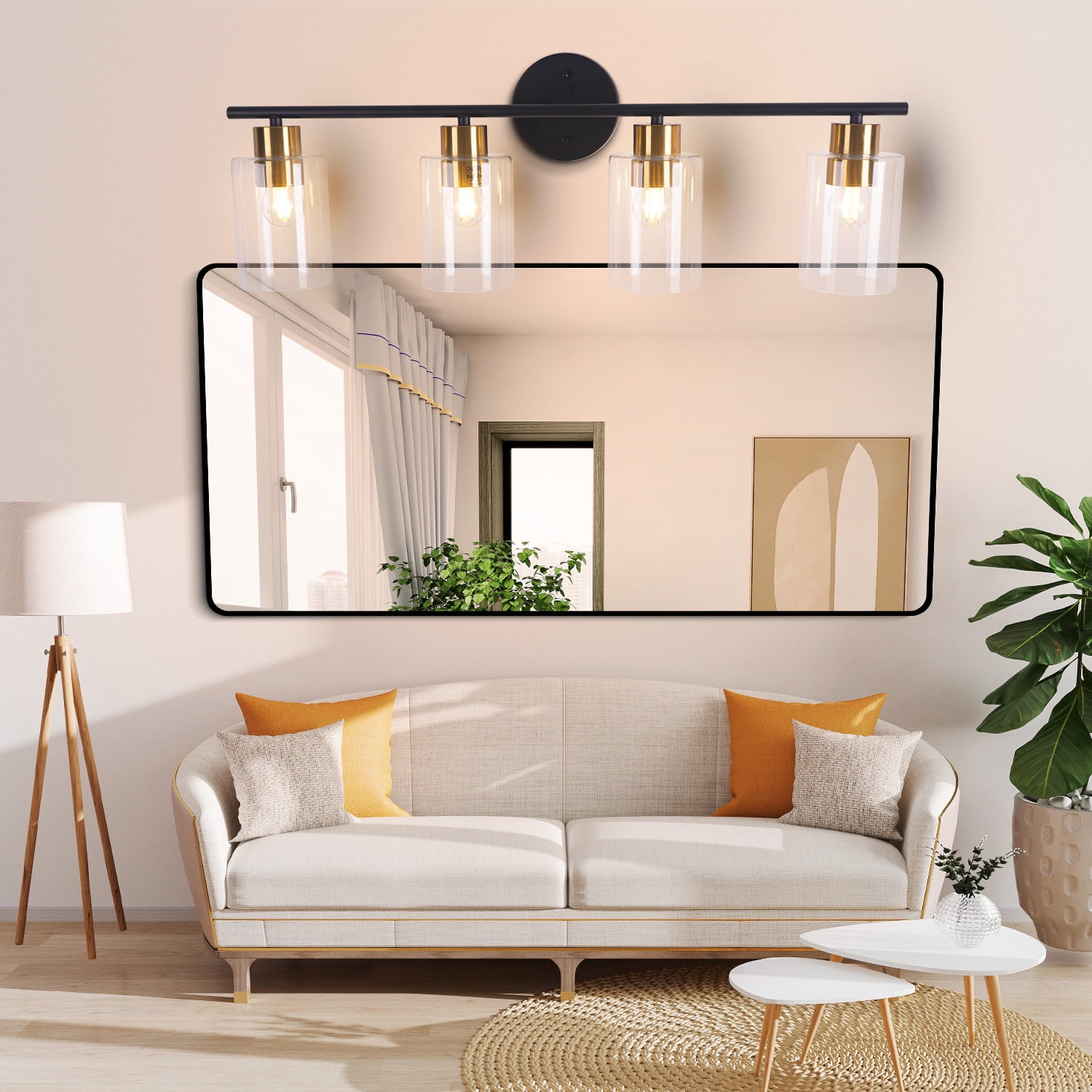 4-light Bathroom Light Fixtures, 27.6" Modern Vanity Lights Over Mirror With Clear Glass Shades, Black & Copper Light Fixture, Classic Wall Light Fixture For Mirror, Bulbs Not Included