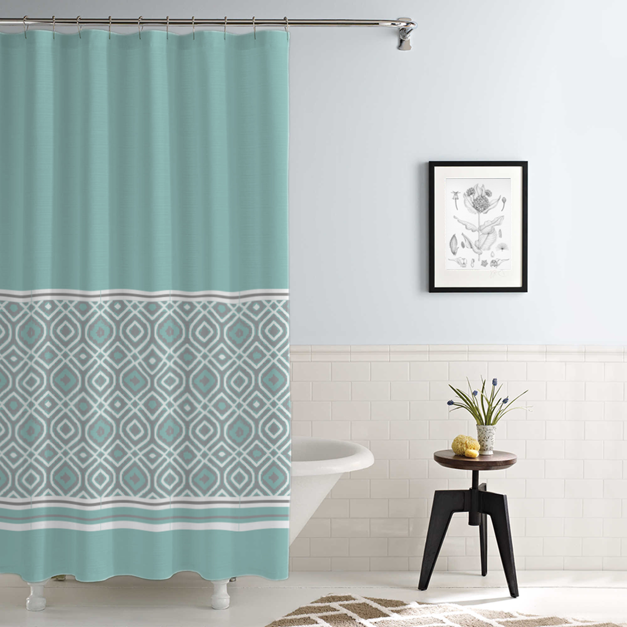 Waterproof Printed Shower Curtain, Oxford Stripe, Aqua