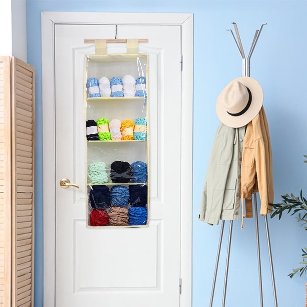 Hanging Yarn Storage with 4 Large Clear Pockets Beige Knitting Organizer Storage with Zipper Closure Yarn Display Holder Over The Door