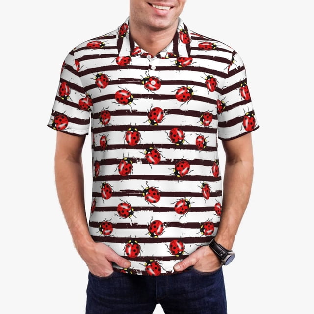 Balery Ladybugs on Black and White Striped1 Camisa Polo de Hombre con Estampado, de Manga Corta y Tejido Medio, Camisa Tipo Golf Polo-Medium