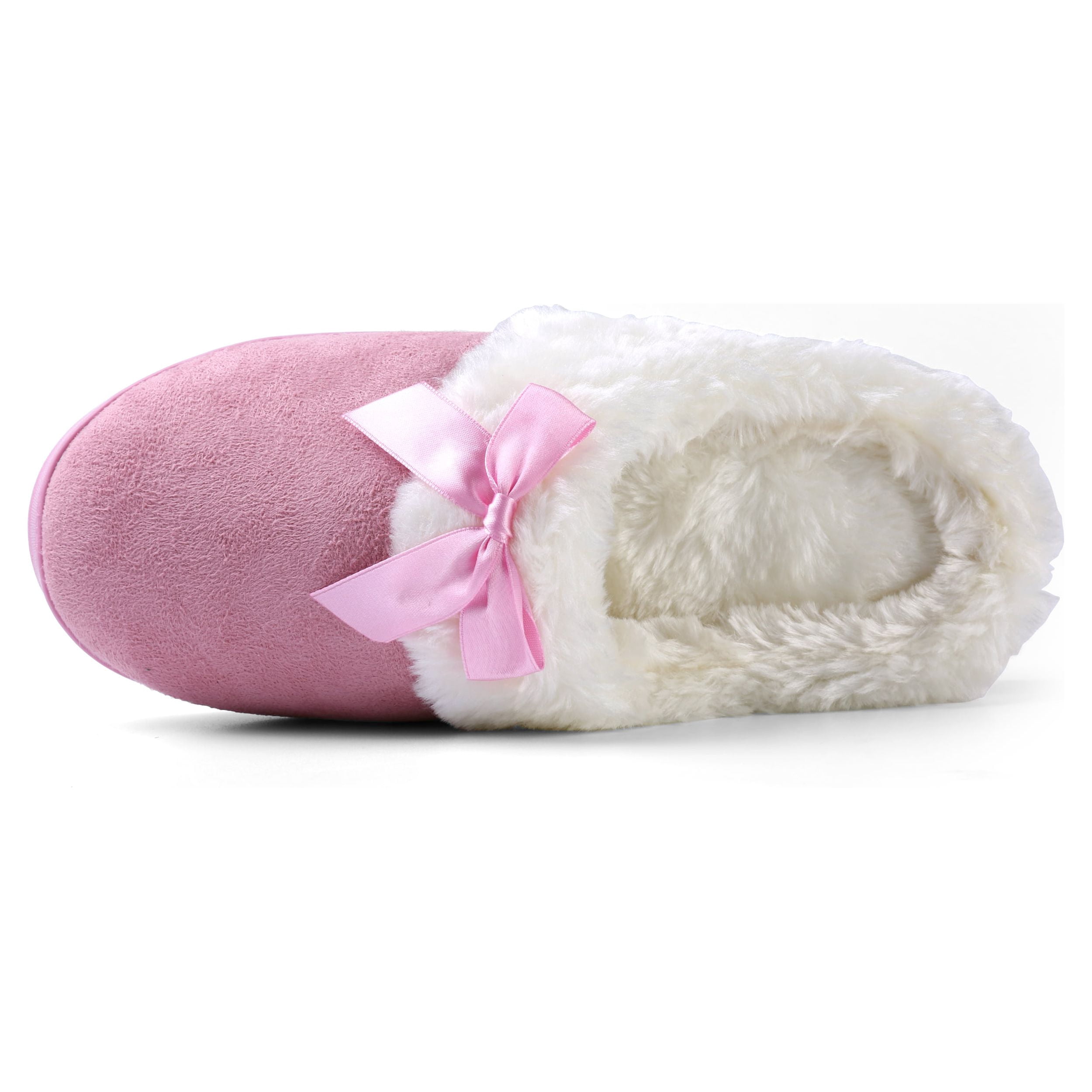 Women's Soft and Cozy Ribbon Bow Plush Slippers With No-Slip Rubber Sole For Indoor, Outdoor, Spa Use (Pink)