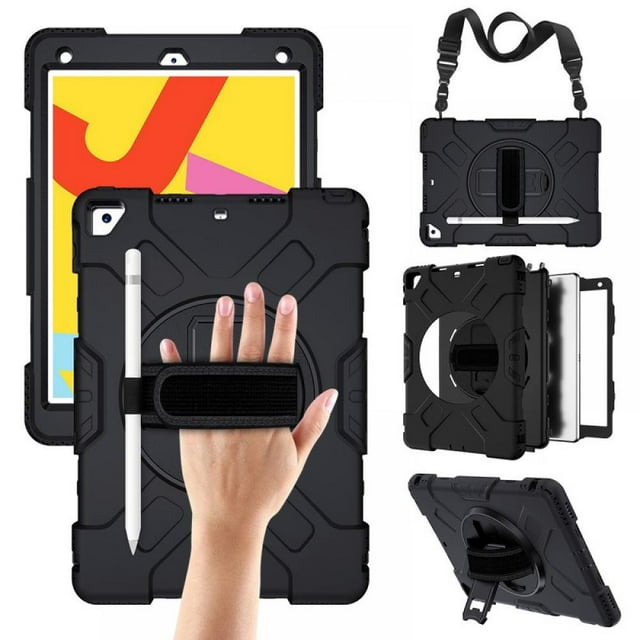 For IPad 10.2 Inch Case Heavy Duty Shockproof Protective Rugged Case With Pencil Holder Hand Strap Kickstand Shoulder Strap
