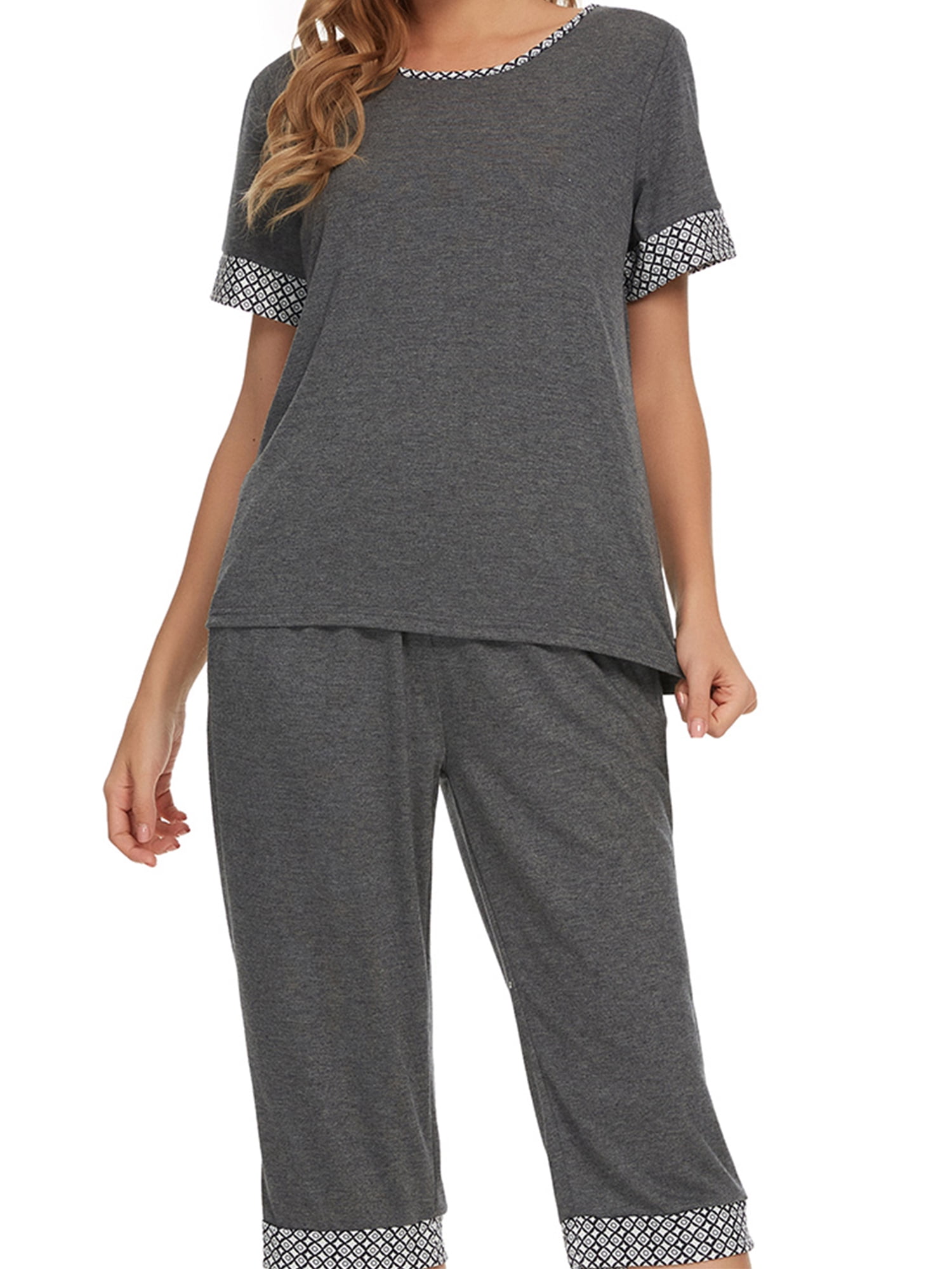 Unique Bargains Womens Pajama Set Round Neck with Capri Pants Pjs Lounge Sleepwear Sets
