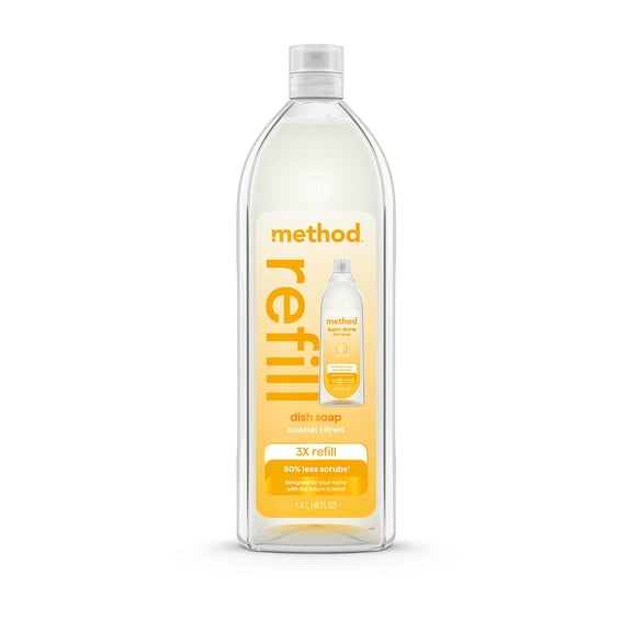 Method Super Shine Liquid Dish Soap Refill, Powered by Enzymes, Coastal Citron Scented, 48 fl fl oz