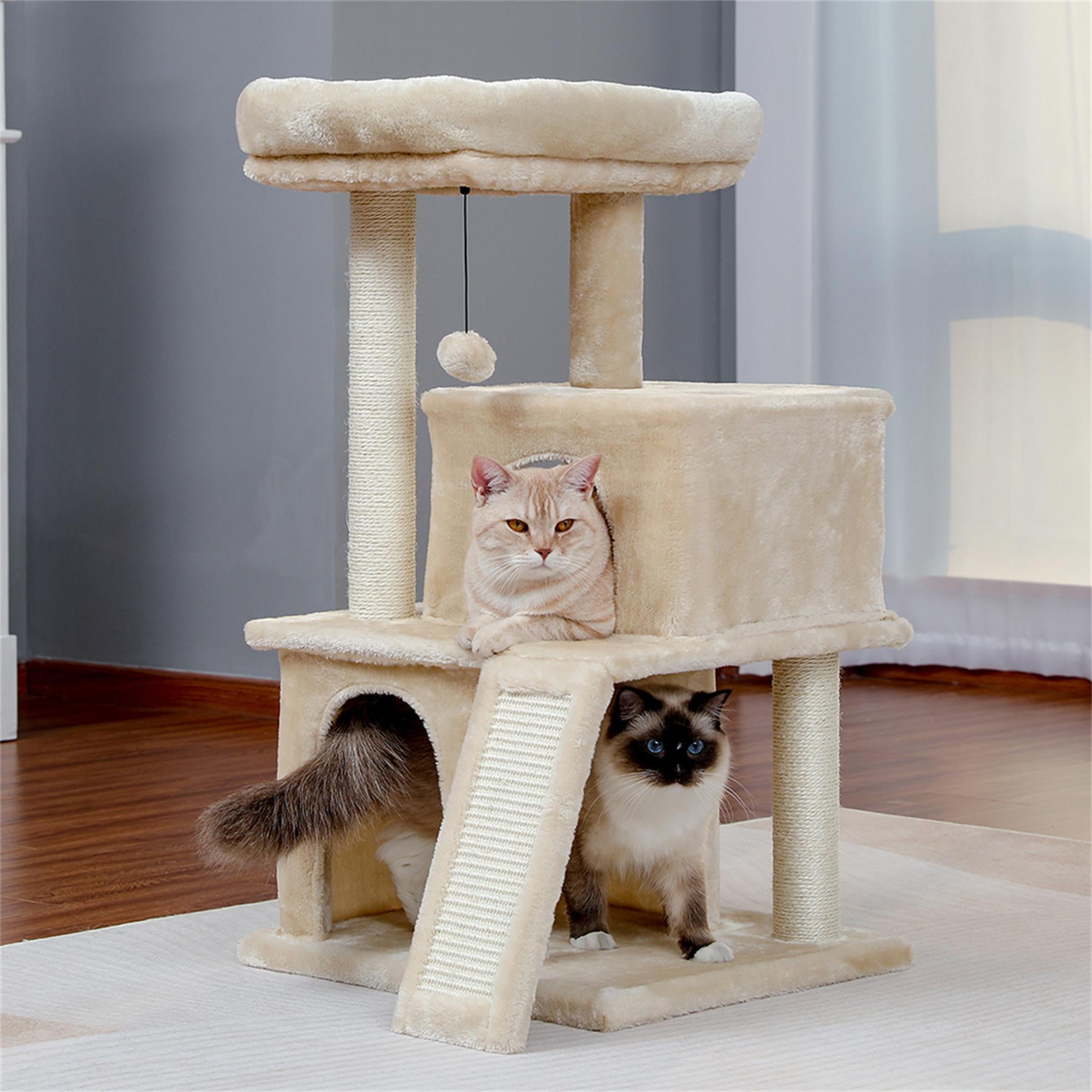 resenkos 33" Multi-Level Cat Tree Tower Cat Condo with Scratching Posts, Jump Platform Top Perch and Dangling Ball, Beige