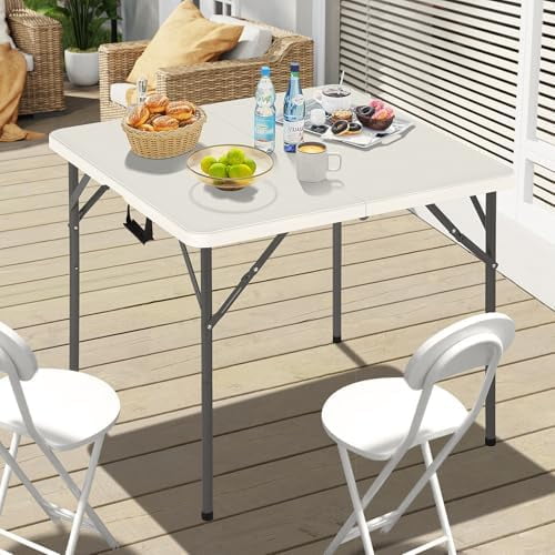 34" Square Folding Table, Utility Dining Table Plastic Card Tables, Portable Fold-in-Half Party Tables Outdoor/Indoor with Carrying Handle, No Need Assembly for Wedding, Picnic, Camping, White