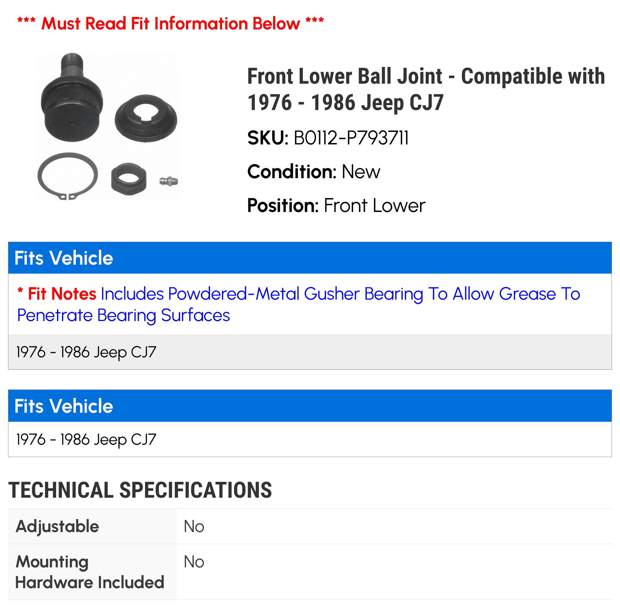 Front Lower Ball Joint - Compatible with 1976 - 1986 Jeep CJ7 1977 1978 1979 1980 1981 1982 1983 1984 1985