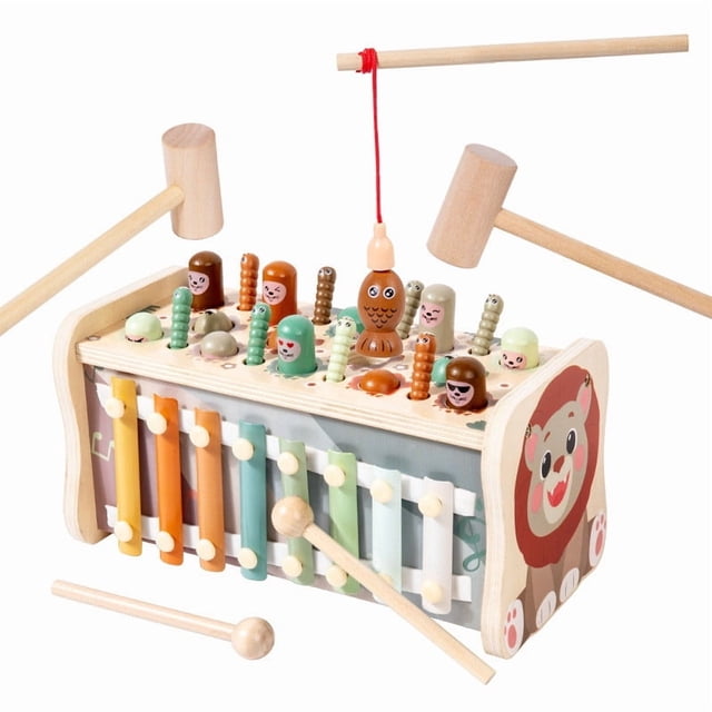 HWRETIE Wooden Multifunction Activity Board Mouse Piano Fishing Game Hand Eye Coordination Puzzle Tools