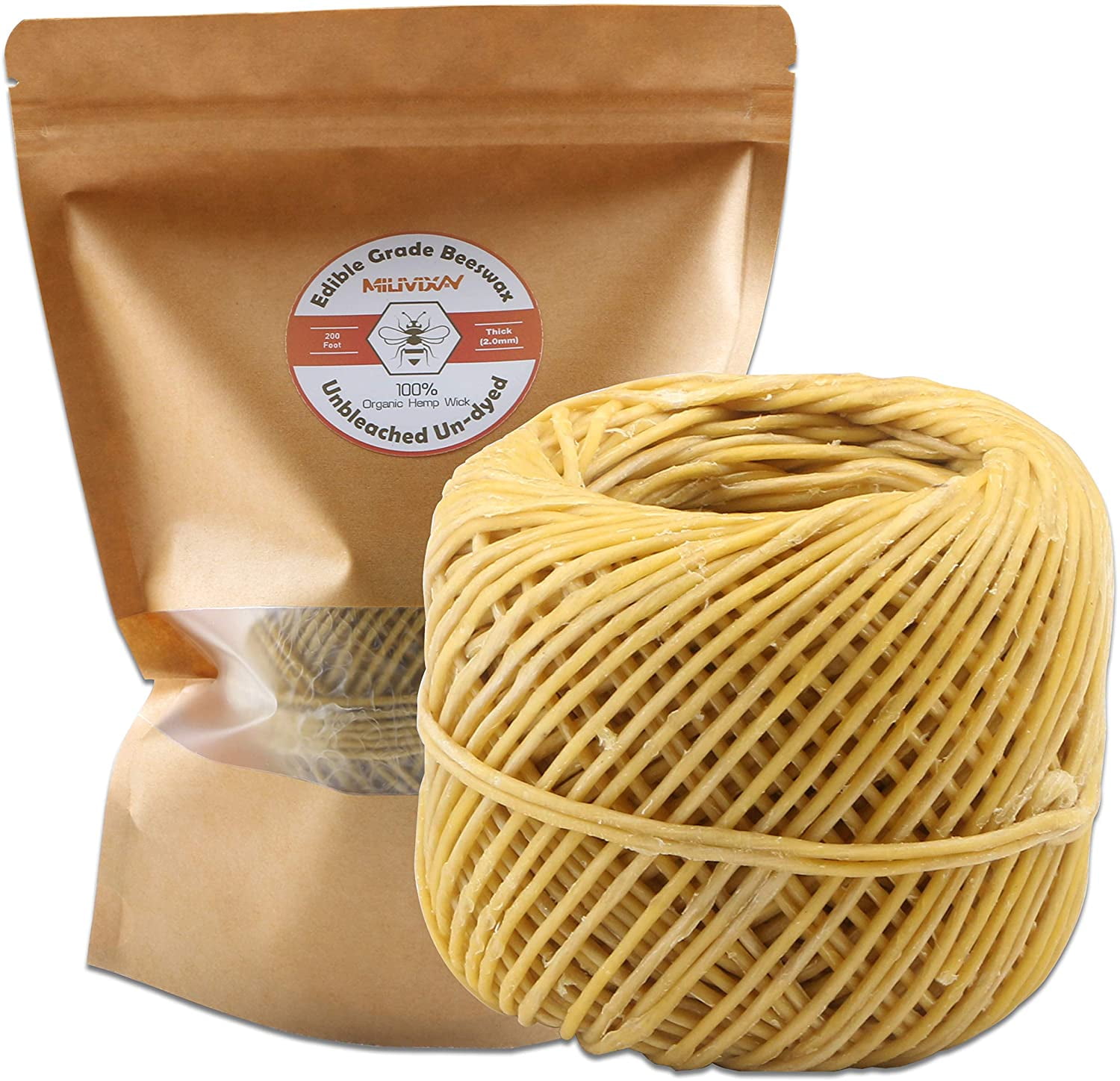 MILIVIXAY Thick Hemp Wick with Natural Beeswax Coating, Edible Grade  Beeswax, 200 FT Spool, Thick Size (2.0mm),Unbleached, Un-dyed and 100%  Organic