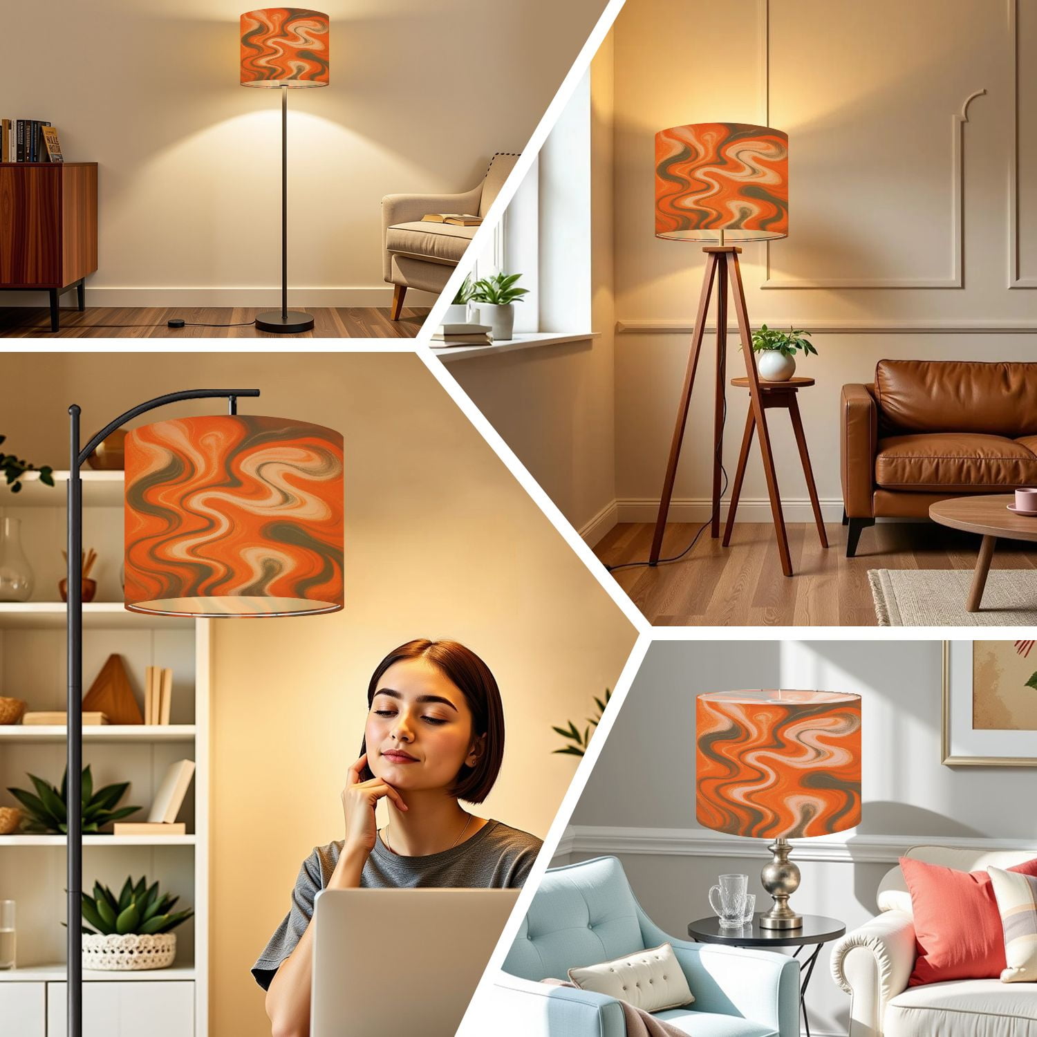 Linen Drum Lampshades This abstract features fluid swirling blend orange gray colors 13"x13"x10" Light Shade for Table Lamps Floor Lamp Shades Lampshade Replacement Assembly Required