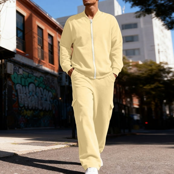 QHRMKOG Conjunto Deportivo Para Hombre Basic Color Zip Up Sweatshirt and Cargo Pants Sets Outdoor Workout Top&pants Fashion Outfit Beige M