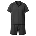 thumbnail image 4 of JAJAHO Mens Shorts Set Linen Short Sleeve Solid Color Stand Collar Shirt With Shorts Casual Summer Outfits Lightweight Breathable Beach Clothes Cozy Outfit, 4 of 4