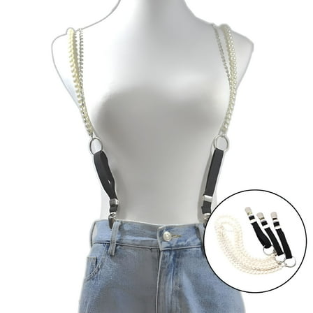 OQRKI Fashion Suspenders Women Belts Adjustable Y Back 3 Metal Strap Pearl Strap
