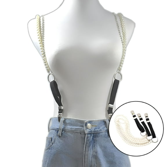OQRKI Fashion Suspenders Women Belts Adjustable Y Back 3 Metal Strap Pearl Strap