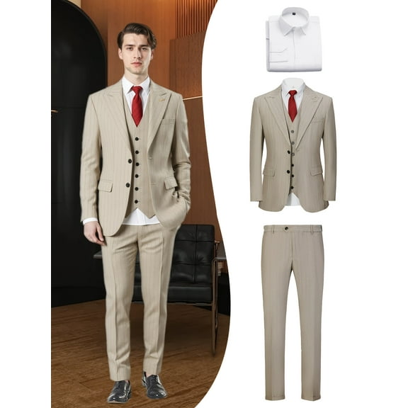 Four piece Men's new striped suit: jacket, vest, pants, shirt set - formal business suit for groom, ball, and special events | High quality fabric, British style, elegant and fashionable