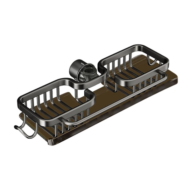 Estante de almacenamiento para grifos, sin necesidad de perforar, organizador de fregadero de aleación de aluminio con ganchos para esponjas y cepillos, bandeja de goteo de secado rápido, soporte