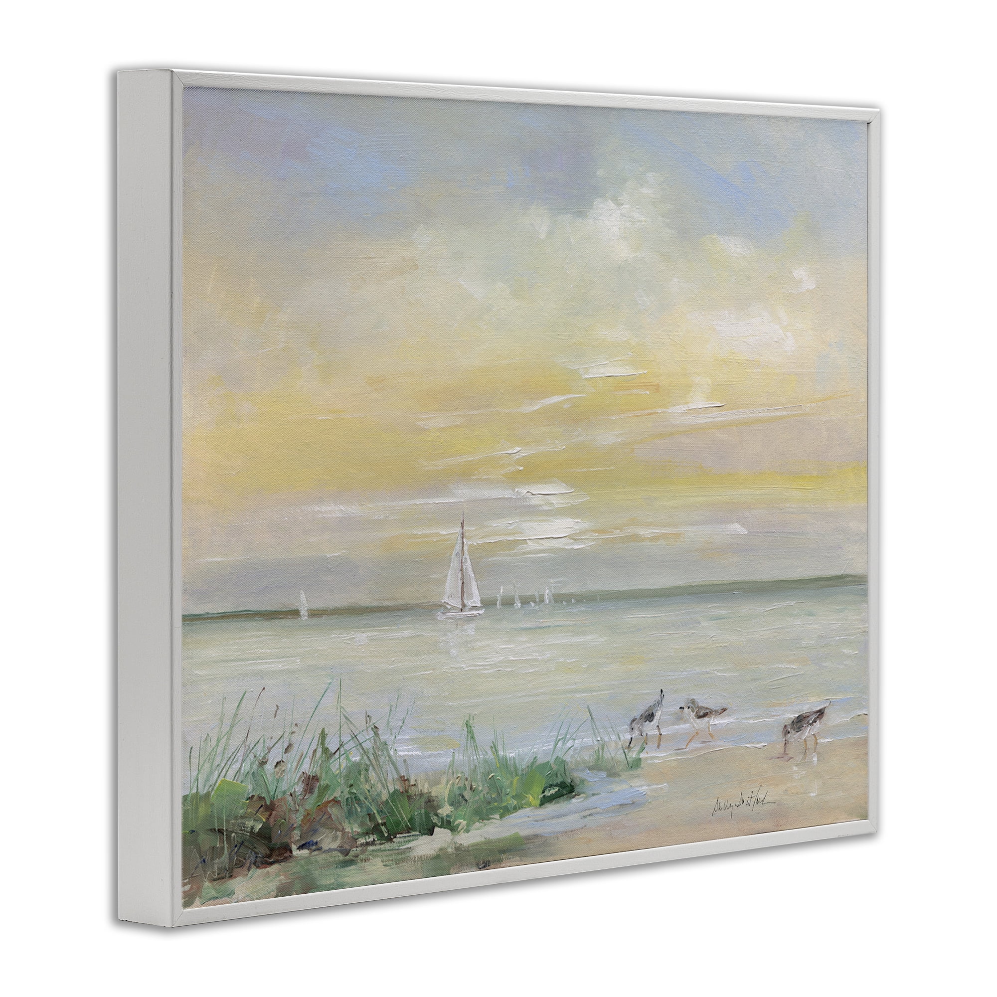 Stupell Industries Sailboats & Sanderlings Shore White Framed Giclee Art, design by Sally Swatland