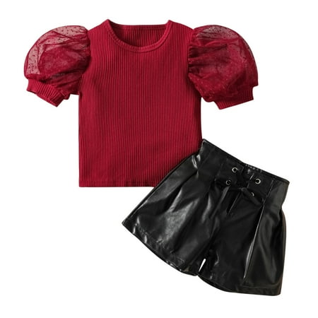 

XINSHIDE Toddler Kids Baby Girls Tulle Puff Sleeve Ribbed Tshirt Tops Pu Leather Lacing Shorts 2Pcs Outfits Set Baby Girl Clothes