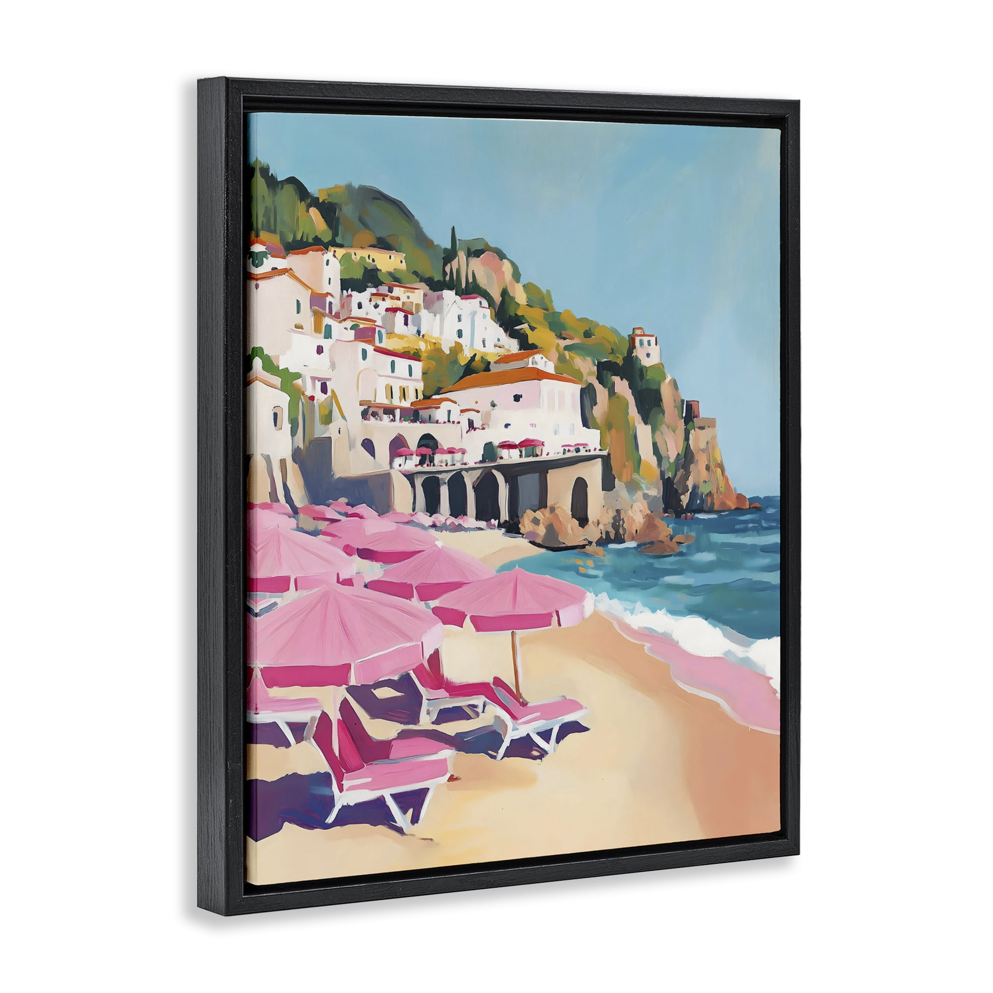 Stupell Industries Pink Beach Chairs on Shoreline Black Framed Floater Canvas Wall Art, design by The Prints Vibe