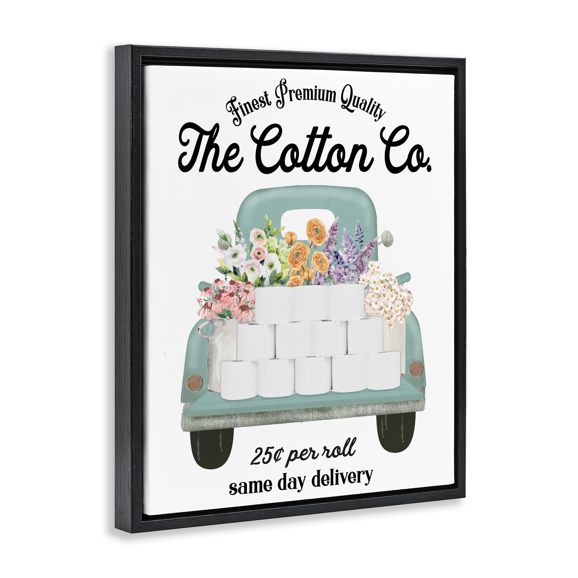 Toilet Paper Delivery Truck Black Framed Floater Canvas Wall Art, design by Lettered and Lined
