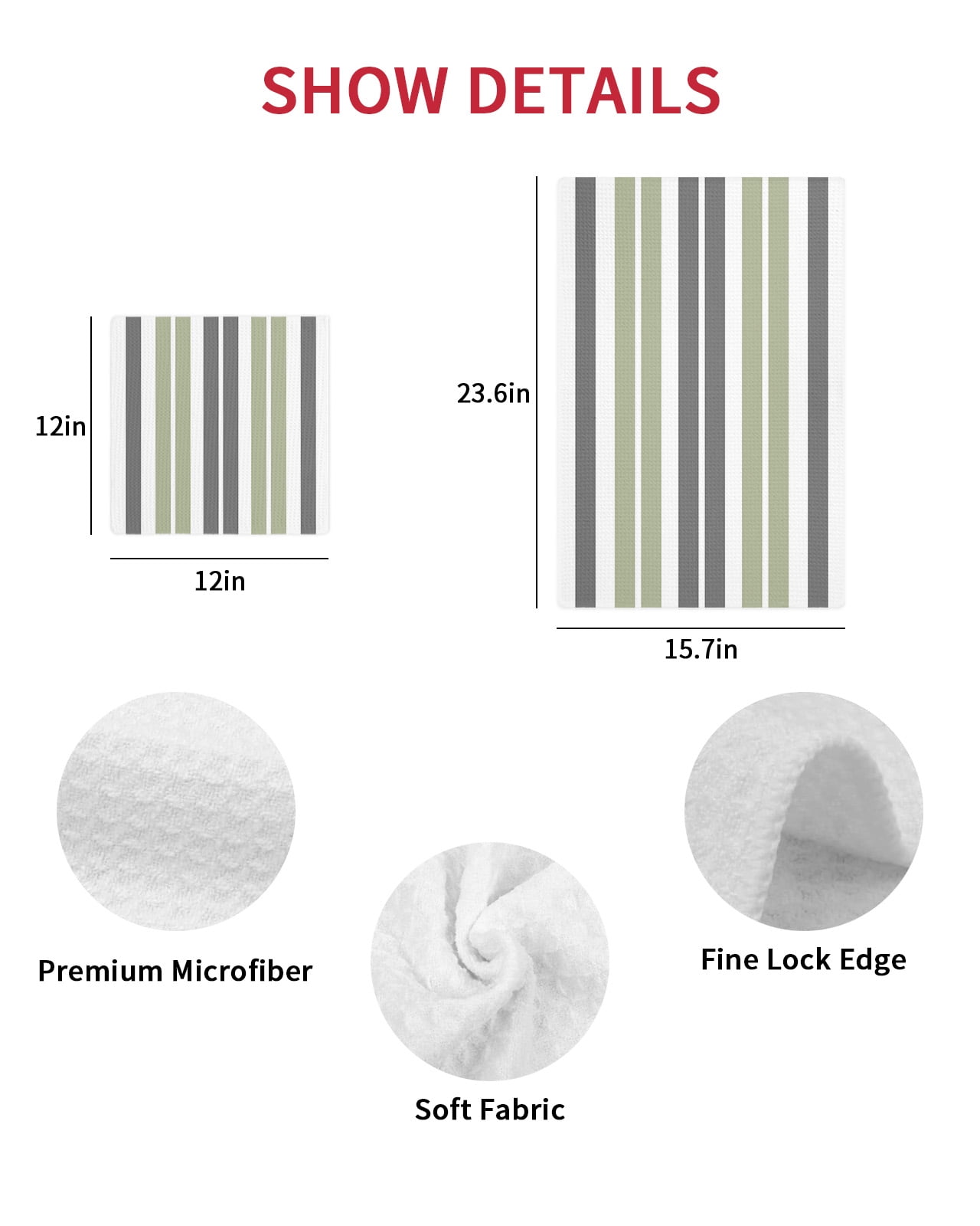 Sage Green Grey Striped Hand Towels Set, Waffle Weave Kitchen Towels 3 Pieces, Gray Modern Abstract Art Microfiber Hair Face Bath Tea Towel Absorbent Quick Drying Cleaning Dish Cloths 15.7"x23.6"