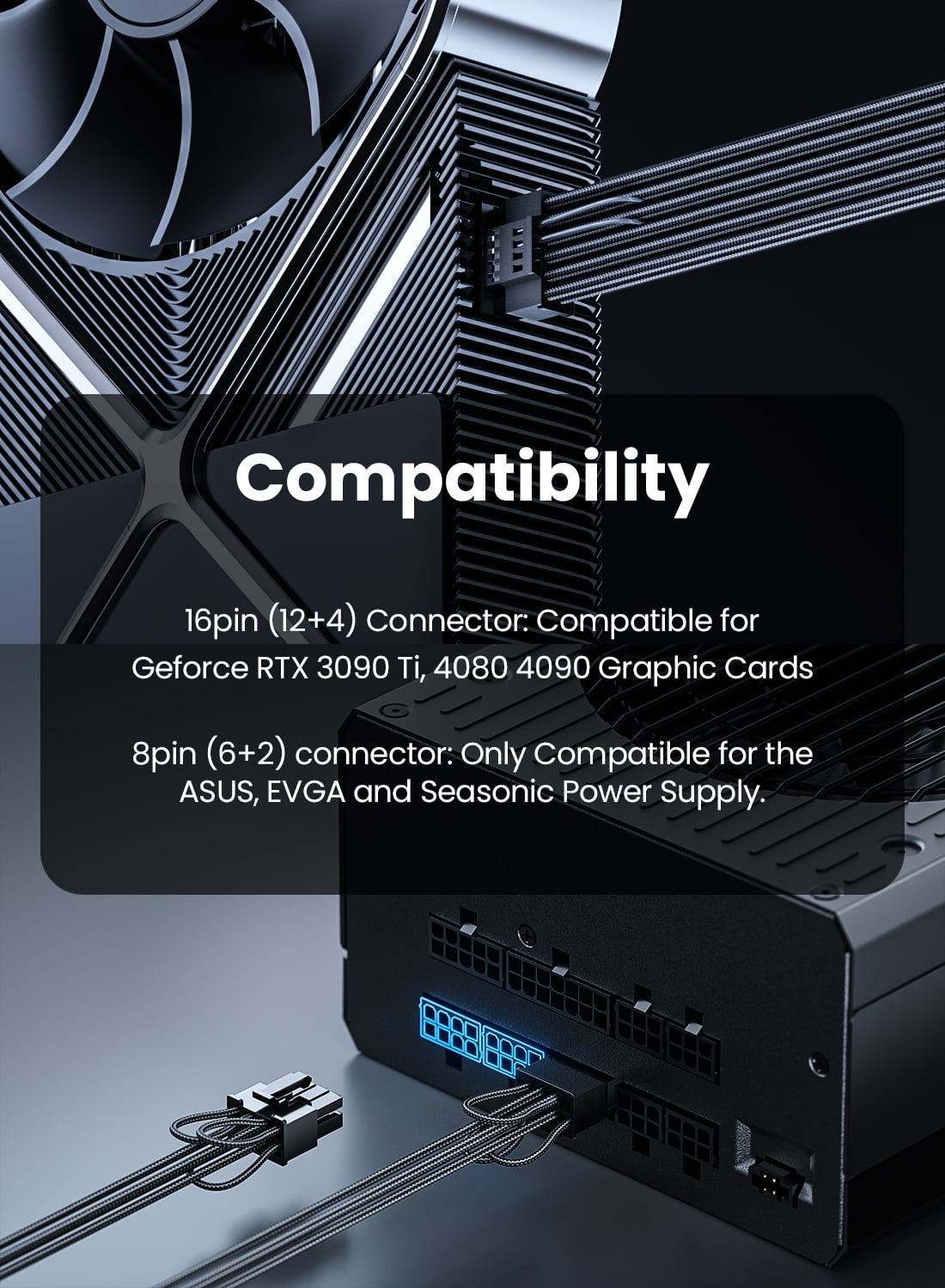 Fasgear PCIe 5.0 GPU Power Cable Sleeved 70cm | 16pin (12+4) 12VHPWR Connector for RTX 3090 Ti 4080 4090 | 3x8pin (6+2) PCI-e Male Plugs Compatible for ASUS EVGA Seasonic Modular Power Supply (Black)