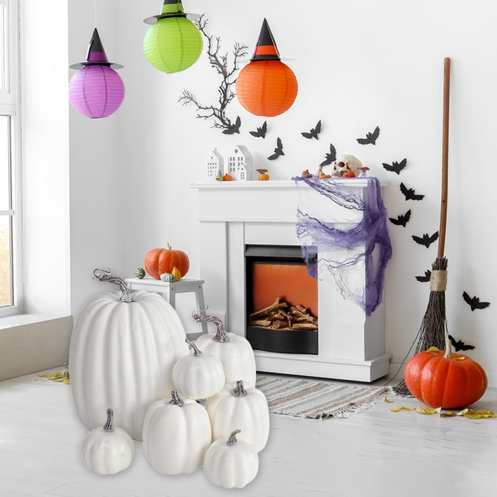 Décoration Halloween - Lot De 7 Citrouilles Artificielles En Mousse - Différentes Tailles - Pour Intérieur/Extérieur