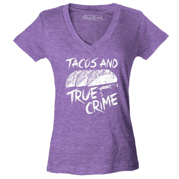 Shop4Ever Women's Tacos and True Crime Slim Fit V-Neck T-Shirt X-Small Heather Purple