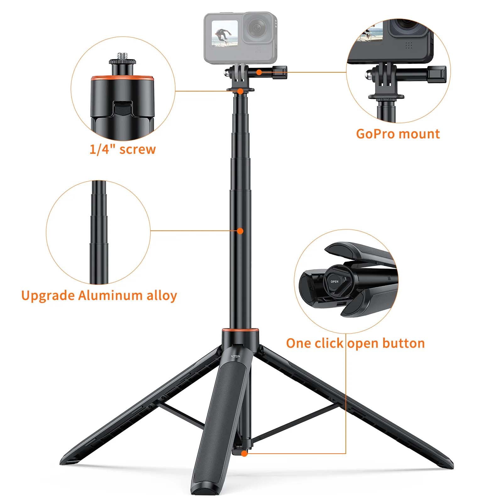 VRIG  TP-21 Mini Selfie Stick Handheld Tripod Stand for GoPro 12 11 10 9 Insta360 X4 Camera, With 1/4 inch Screw Design Maximum Height 136cm