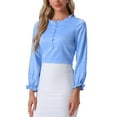 thumbnail image 4 of INSPIRE CHIC Women's Ruffle Neck Bubble Sleeve Elastic Cuff Button Office Blouse XS Light Blue, 4 of 6