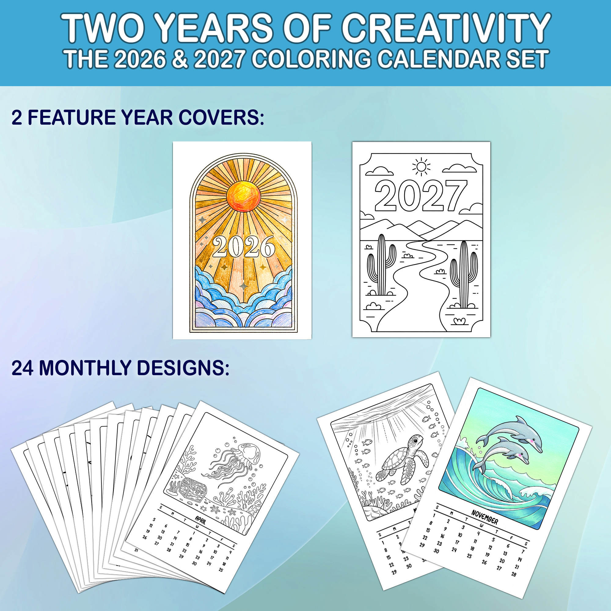 Ocean Minimalist Art Coloring Desk Calendar 2026–2027, A5 Wooden Cover Planner with 26 Easy Coloring Pages for Adult Relaxation, 24 Month Desktop Calendar with Stand, Gift for Family, Friends